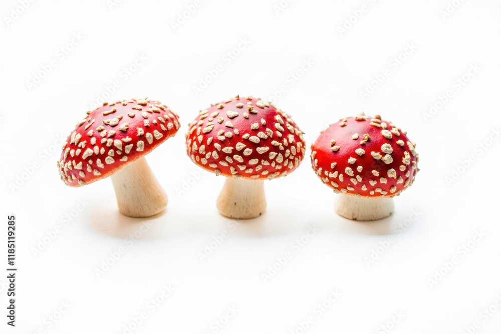 Obraz premium A group of three red toadstools with white spots, carefully arranged and isolated on a white background. Each mushroom is unique, showing different angles and sizes with clear details