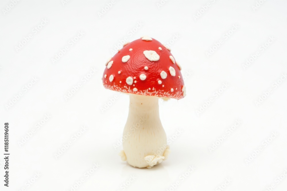 Obraz premium A single red toadstool with white spots, perfectly clean and sharp, isolated on a pure white background. The mushroom is detailed and vibrant, with a smooth stem and clear texture