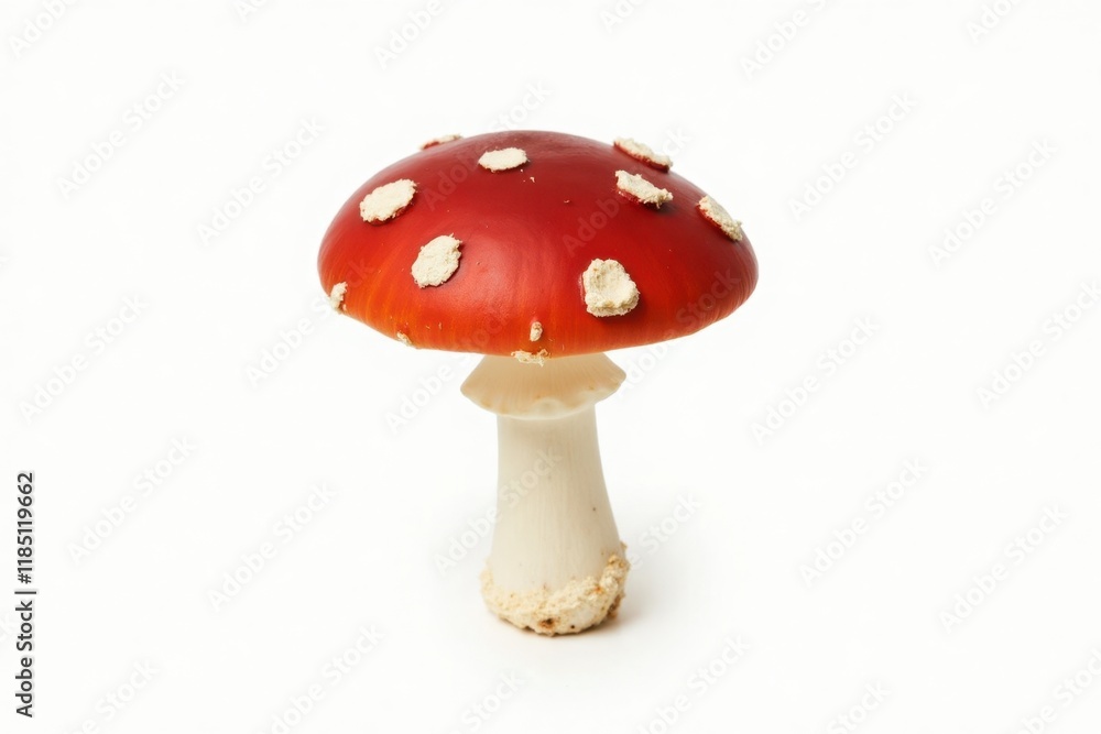 A single red toadstool with white spots, perfectly clean and sharp, isolated on a pure white background. The mushroom is detailed and vibrant, with a smooth stem and clear texture A single red toadstool with white spots, perfectly clean and sharp, isolated on a pure white background. The mushroom is detailed and vibrant, with a smooth stem and clear texture