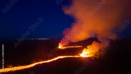 Iceland Volcano near Grindavik, Lava field at sunset aerial view