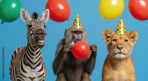 Fototapeta Naklejka Na Ścianę i Meble -  Three animals are blowing out balloons and wearing party hats.  Happy birthday postcard.