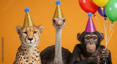 Fototapeta Naklejka Na Ścianę i Meble -  Three animals wearing party hats and holding balloons. Happy birthday postcard.
