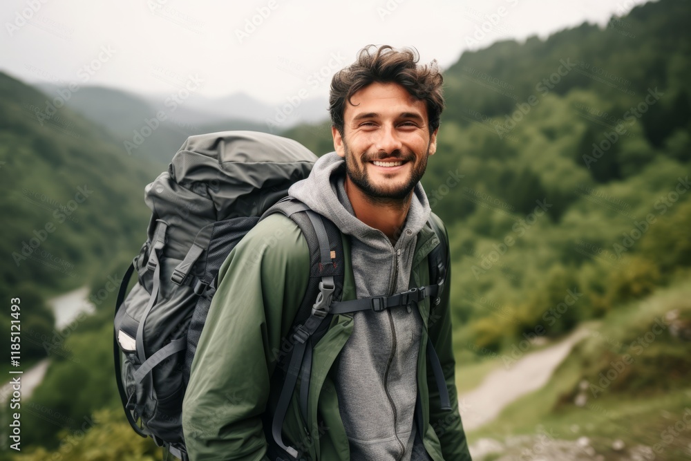 Handsome young man with backpack hiking in the mountains and smiling Handsome young man with backpack hiking in the mountains and smiling