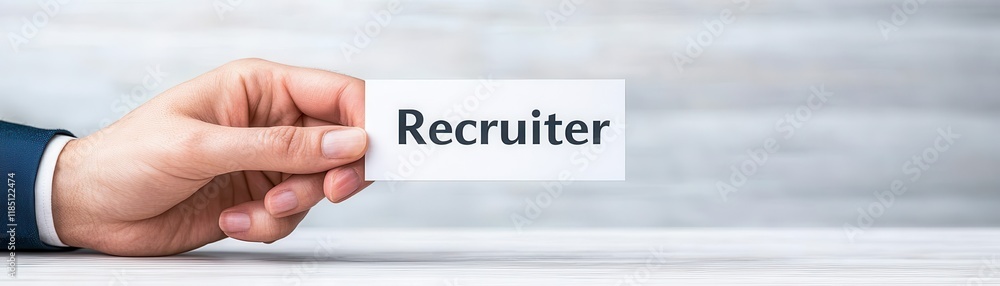 Hand Holding a Business Card with the Word Recruiter in a Professional Setting on a Light Background Hand Holding a Business Card with the Word Recruiter in a Professional Setting on a Light Background