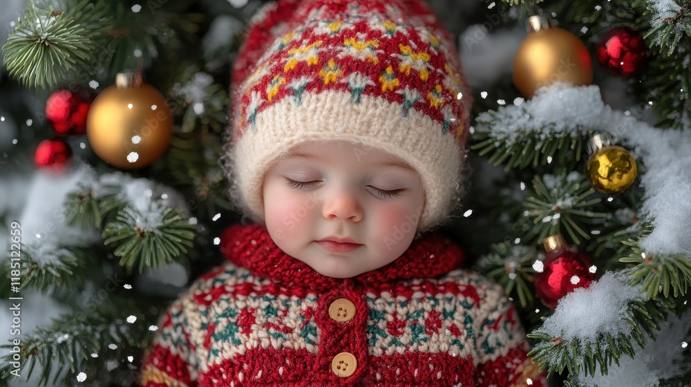 A baby is sleeping in a red and white sweater under a Christmas tree. The tree is covered in red and gold ornaments A baby is sleeping in a red and white sweater under a Christmas tree. The tree is covered in red and gold ornaments