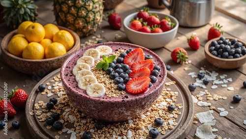 Fresh aai smoothie bowl topped with granola and assorted fruits on a wooden table surrounded by tropical fruits in a bohemian setting photo