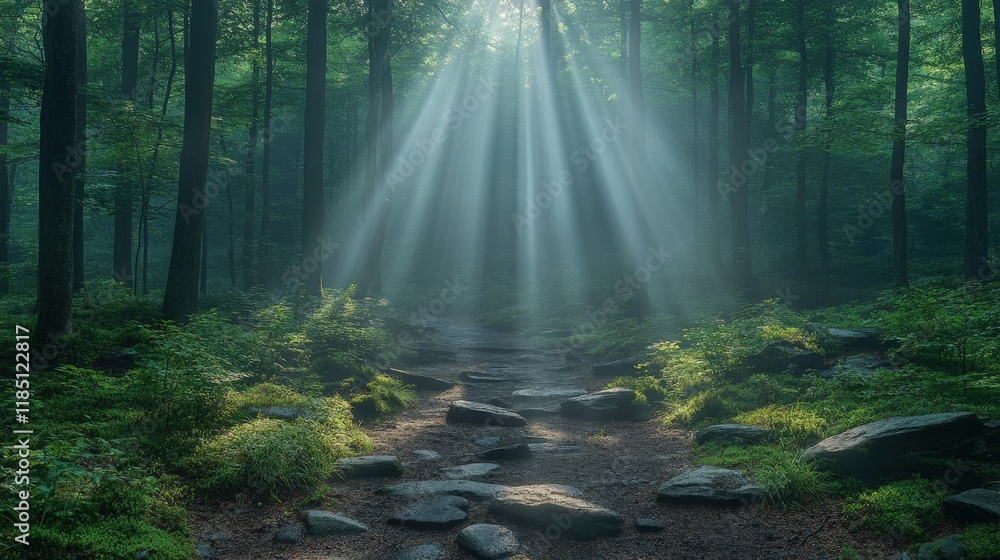 Obraz premium Sunbeams filtering through a lush green forest, illuminating a tranquil path