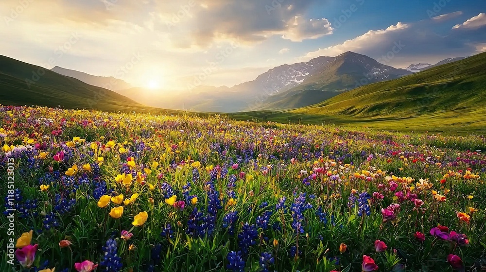 Obraz premium Vibrant meadow filled with colorful wildflowers under soft sunlight at sunset
