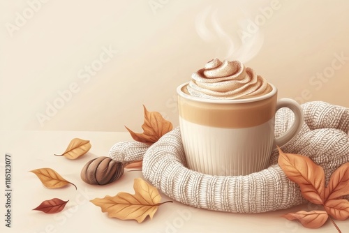 pumpkin spice latte with autumn leaves and cozy knitted accessories around, minimal background with copy space photo