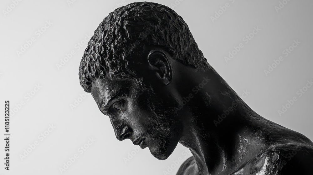 Fototapeta premium Pensive Black Marble Greek Statue Bust, Close-Up