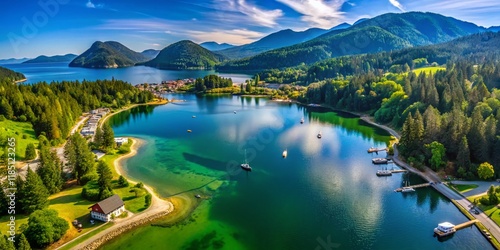 Aerial View of Gordon Bay Park, Cowichan Lake, Vancouver Island, BC, Canada - Drone Photography photo