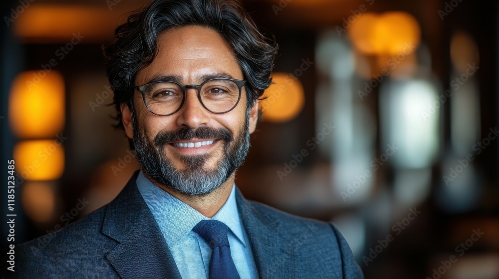 A man wearing a suit and glasses is smiling. He is wearing a blue tie and a blue shirt A man wearing a suit and glasses is smiling. He is wearing a blue tie and a blue shirt