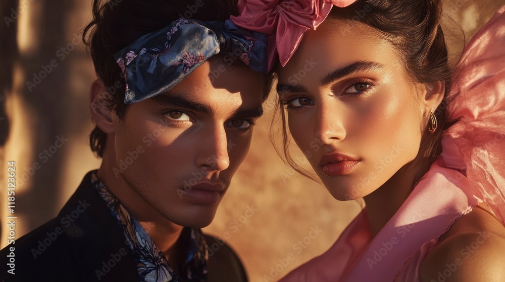 Obraz premium Close-up Portrait of Young Couple, Romantic, Warm Golden Hour Light, Fashionable Accessories