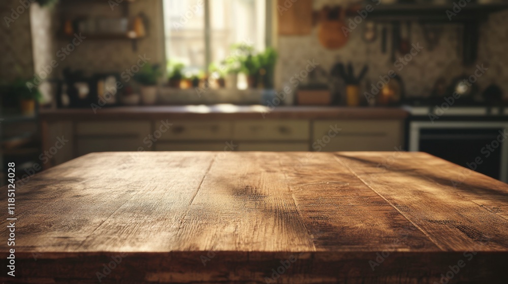 Empty Rustic Wooden Table in Sunny Kitchen - Copy Space Empty Rustic Wooden Table in Sunny Kitchen - Copy Space