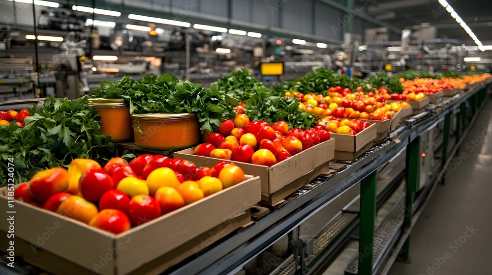 Freshly harvested tomatoes and greens lined up in a modern facility showcasing a vibrant array of produce ready for packaging and distribution Freshly harvested tomatoes and greens lined up in a modern facility showcasing a vibrant array of produce ready for packaging and distribution