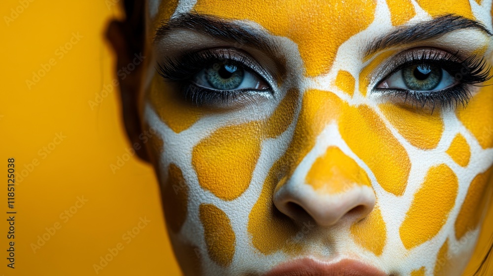 Close-up Woman Giraffe Makeup, Yellow Background, Artistic Portrait Close-up Woman Giraffe Makeup, Yellow Background, Artistic Portrait