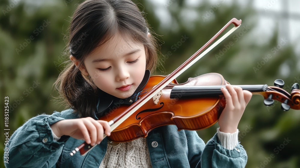 Young asian girl learning and practicing violin outdoors Young asian girl learning and practicing violin outdoors