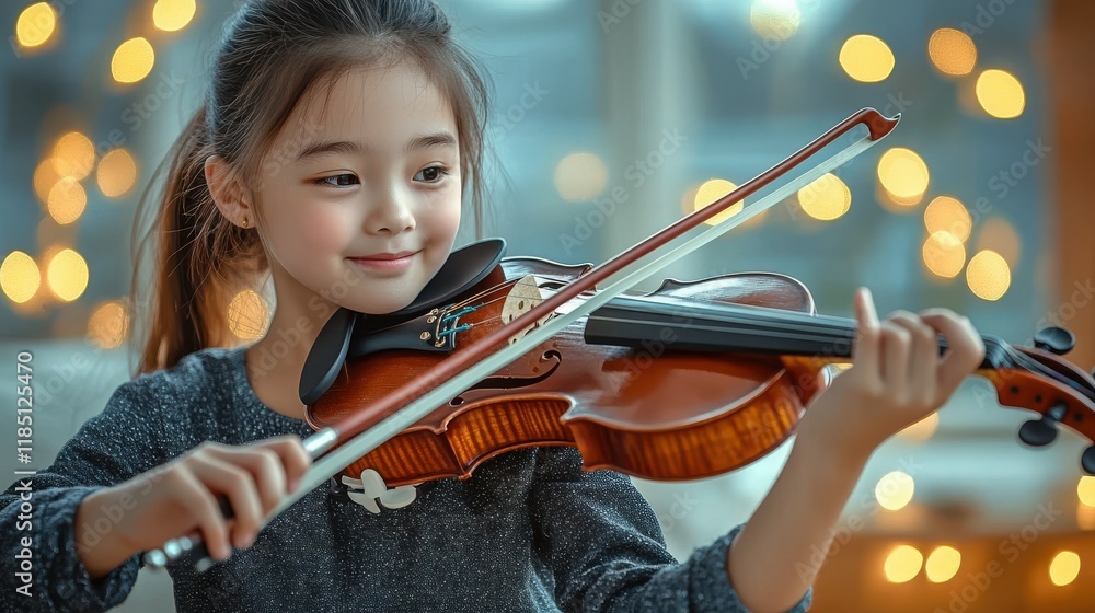 Young asian girl learning to play violin with blurred background lights Young asian girl learning to play violin with blurred background lights