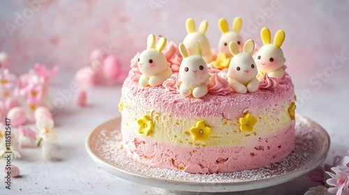 Pastel pink and yellow Easter cake topped with cute bunny decorations photo