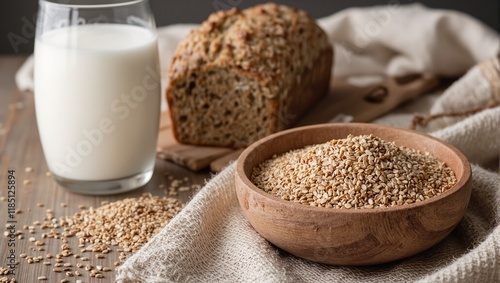 Rustic flaxseed bread flaxseeds in wooden bowl glass of almond milk on farmhouse table with linen textures