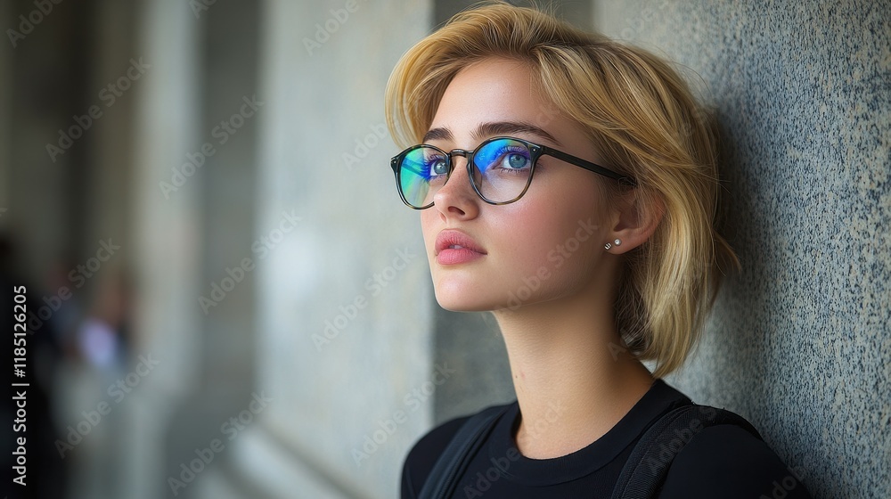 A woman wearing glasses is standing in front of a wall. She is looking at the camera with a serious expression A woman wearing glasses is standing in front of a wall. She is looking at the camera with a serious expression