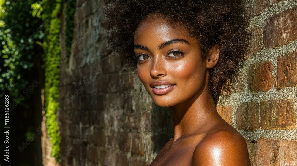Fototapeta premium A woman with a beautiful face is standing in front of a brick wall. She is smiling and looking at the camera