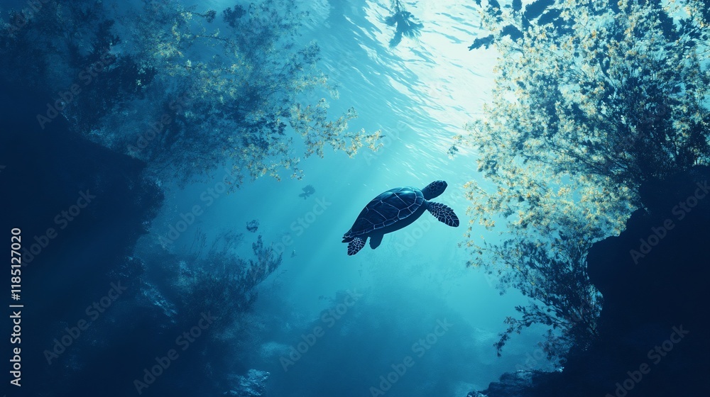 Fototapeta premium Sea turtle swimming in an underwater coral reef environment.