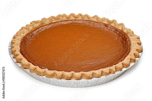 Baked pie in tin, pumpkin filling, food photography, isolated, suitable for ads.