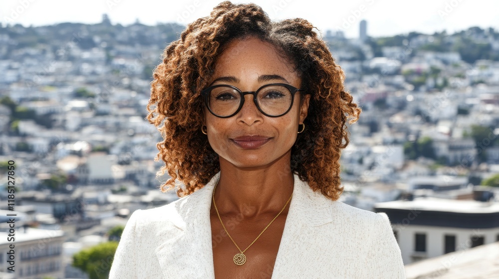 A woman with curly hair and glasses is standing on a rooftop in front of a city skyline. She is wearing a white jacket and a necklace A woman with curly hair and glasses is standing on a rooftop in front of a city skyline. She is wearing a white jacket and a necklace