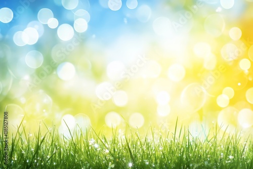 Bright and Cheerful Abstract Background of Blurred Green Grass with Glittering Bokeh for Nature, Landscape, and Outdoor Themes in a Warm Summer Atmosphere