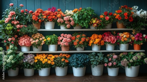 Wallpaper Mural Colorful flowers in white pots on shelves against a teal wall. Torontodigital.ca