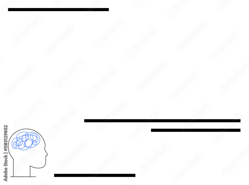 Outline of a human head with entwined blue lines in brain area, paired with scattered black horizontal lines. Ideal for mental health, neuroscience, cognition, creativity, brainstorming, academic Outline of a human head with entwined blue lines in brain area, paired with scattered black horizontal lines. Ideal for mental health, neuroscience, cognition, creativity, brainstorming, academic