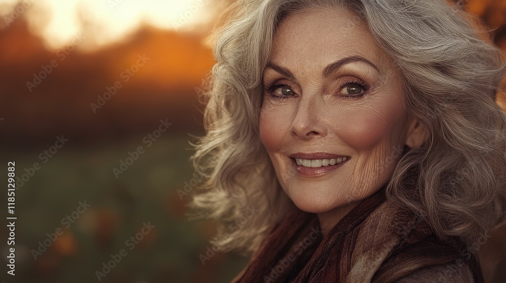 A woman with long hair and a scarf is smiling. She looks happy and content. The image has a warm and friendly atmosphere A woman with long hair and a scarf is smiling. She looks happy and content. The image has a warm and friendly atmosphere