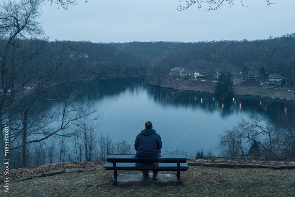 A solitary figure sits on a bench overlooking a serene lake. A solitary figure sits on a bench overlooking a serene lake.