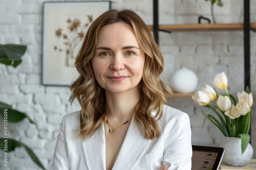 Businesswoman in a bright office surrounded by art and flowers, exuding professionalism and style