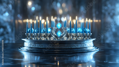 Hanukkah menorah festival of lights nine blue candles white flame home temple israel hebrew religion symbol jerusalem background 3d illustration render. Skysilver. Illustration photo