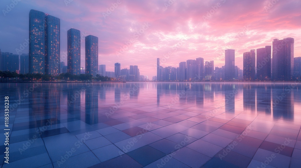 Empty square floor and city skyline with modern buildings at sunrise Empty square floor and city skyline with modern buildings at sunrise