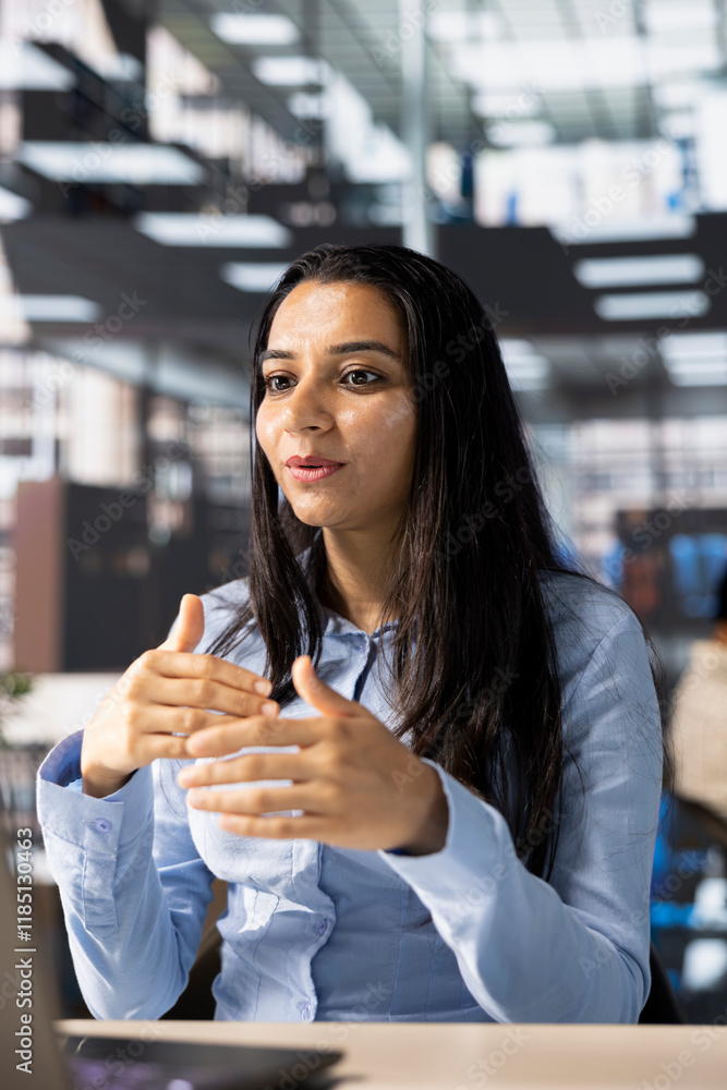 Indian businesswoman conducting a video call to review financial strategies with her colleagues. The online communication helps ensure goals and company success for multinational company. Indian businesswoman conducting a video call to review financial strategies with her colleagues. The online communication helps ensure goals and company success for multinational company.