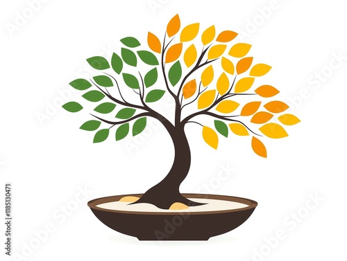 A simple bonsai tree logo with large illustrated green, brown, and yellow leaf details