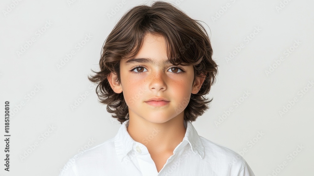 A young boy with brown hair and a white shirt. He is looking at the camera. The boy has a light skin tone and a slight tan A young boy with brown hair and a white shirt. He is looking at the camera. The boy has a light skin tone and a slight tan