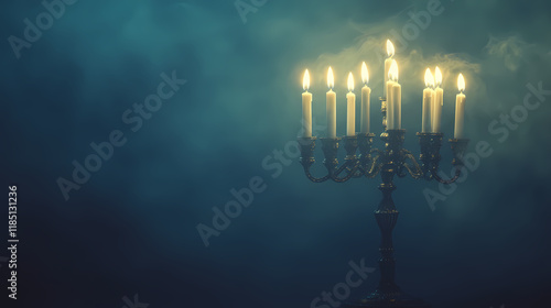 Low key image of jewish holiday hanukkah background with menorah (traditional candelabra) on dark toned foggy background. Skysilver. Illustration photo