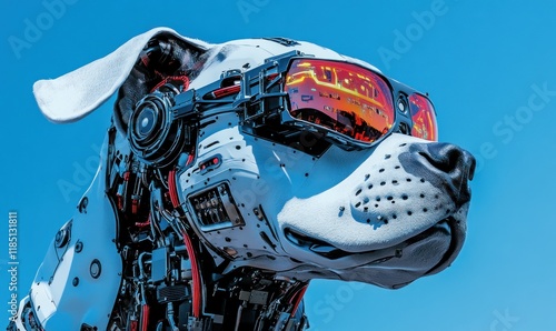 Realistic robot pit bull dog wearing cyberpunk style sunglasses, standing on the left side of the image