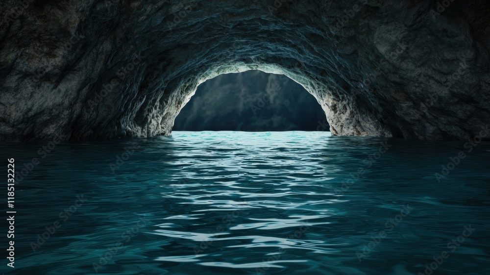 A dark cave entrance reveals tranquil water, illuminated by soft light, creating a serene and mysterious atmosphere.