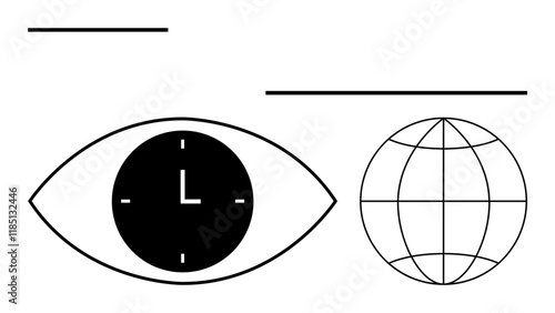 Eye-shaped clock with minimalist design paired with a globe outline. Ideal for themes such as time, focus, global reach, vision, strategy, teamwork, planning. Abstract line flat metaphor