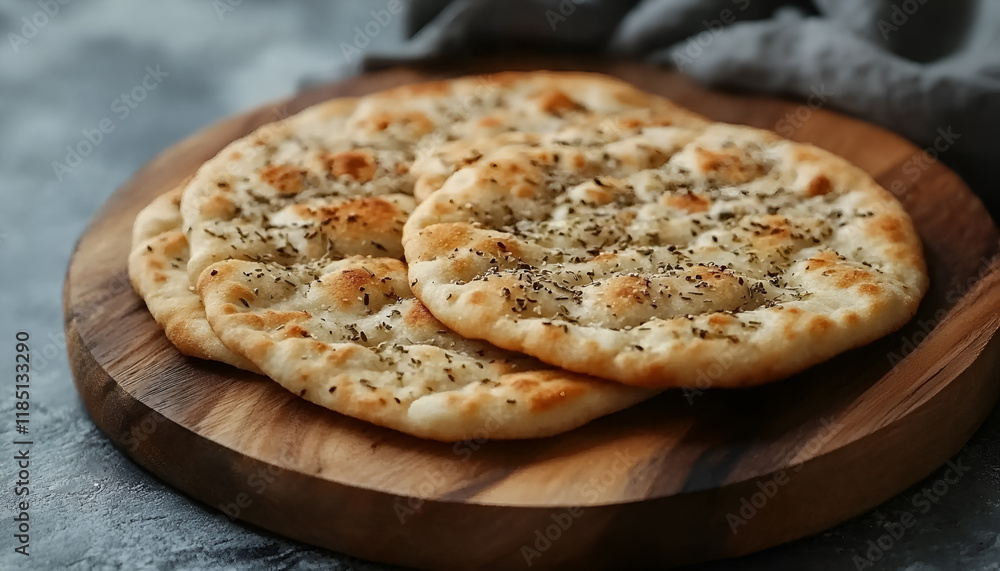 Manakeesh, arabic pizza, flat bread topped with zaatar spices close up. Homemade mediterranean flat bread manakish for breakfast