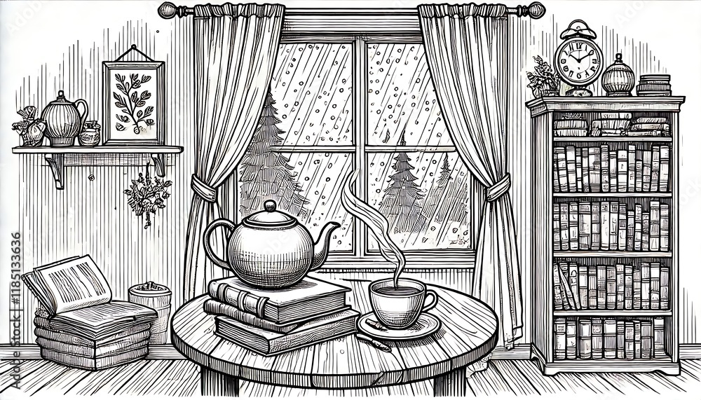 Fototapeta premium Line-art of a cozy indoor scene with a steaming cup of tea on a table, a stack of books, and a window showing raindrops outside. Generative ai