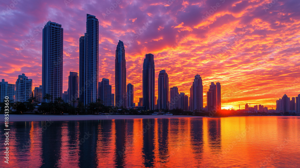 Fototapeta premium Sunset Silhouettes of Majestic Steel and Glass Skyscrapers Reflecting Vibrant Orange and Pink Hues, Showcasing the Interplay of Human Achievement and Nature’s Beauty