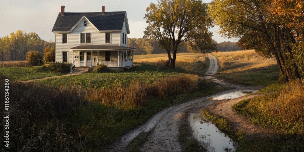 Obraz premium White house with road in field at sunset in autumn use for real estate ads.