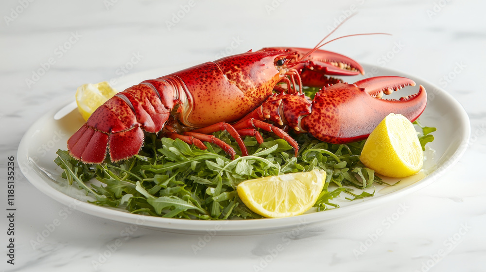 Steamed lobster served on a bed of arugula with lemon wedges. Steamed lobster served on a bed of arugula with lemon wedges.