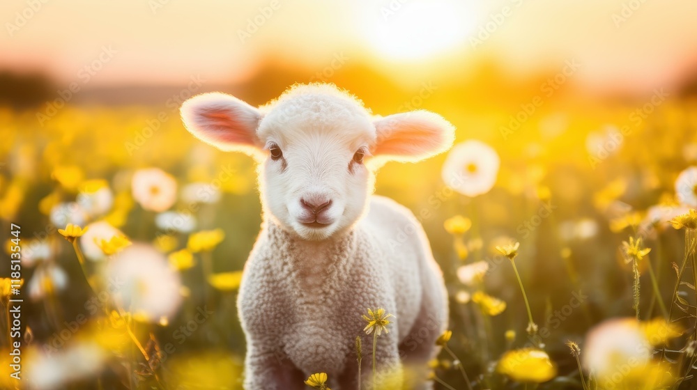 A serene sunset casts a warm glow over a lush meadow, where a lone lamb grazes peacefully among the wildflowers. A serene sunset casts a warm glow over a lush meadow, where a lone lamb grazes peacefully among the wildflowers.